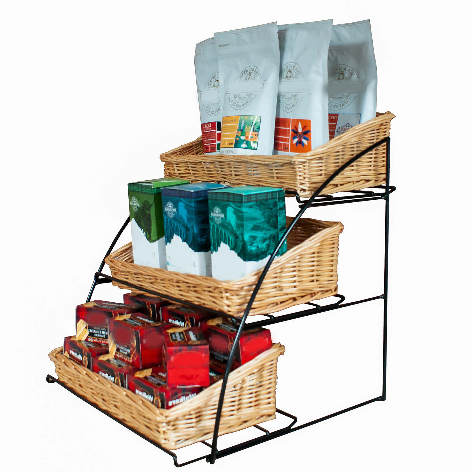 Counter Basket Stand With Black Wire Curved Stand & 3 x Wicker Baskets (T1207)